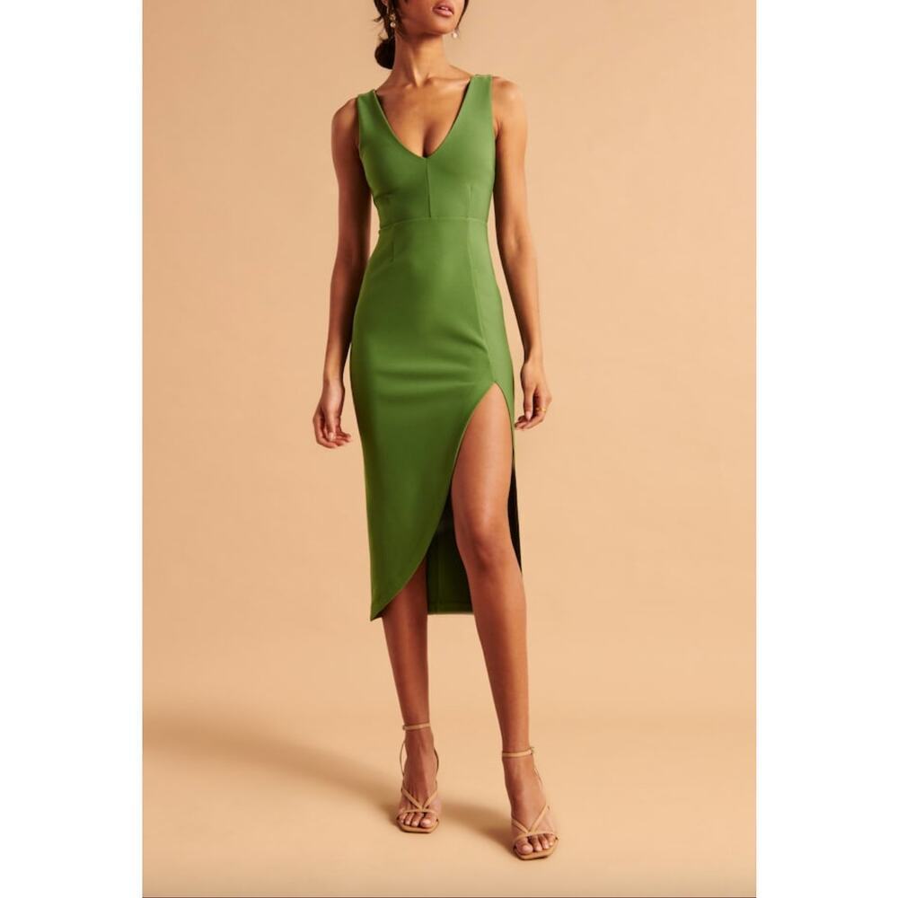Abercrombie & Fitch Midi Olive Green Wedding Guest Dress sz L Preppy Classic